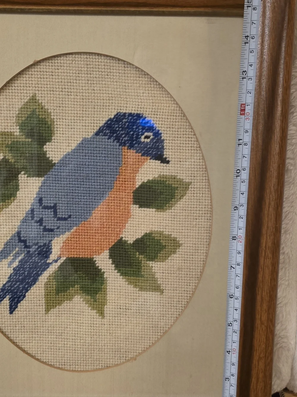 Vintage Framed Bluebird Cross Stitch Needlepoint Wall Art 13.5x16.5 Cottagecore